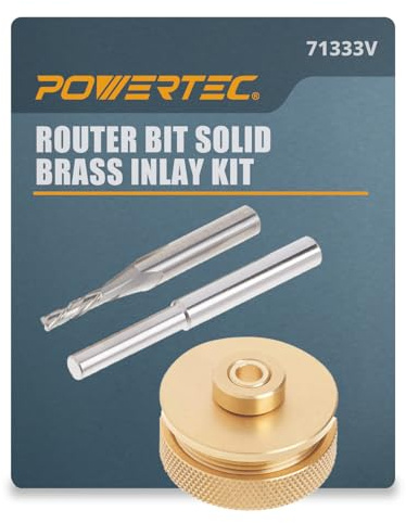 POWERTEC Solid Brass Inlay Kit with 1/8 Downcut Spiral Router Bit 1/4 Shank, Router Bushing Guide, Collar, and Centering Pin - Compatible w/ 1/4 Templates for Woodworking