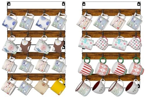 Rustic Wood Coffee Mug Rack - Wall Mount Cup Holder Shelf Storage for Kitchen, Home, Bar, Office (4 Pack, Holds 32 Mugs)