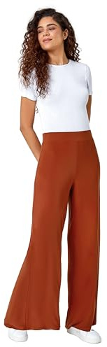 Roman Originals Wide Leg Trousers for Women UK Ladies Palazzo Pants Evening Jersey Elasticated High Waist Smart Flared Culotte Office Work Going Out Loose Crepe Bottoms - Burnt Orange - Size 14