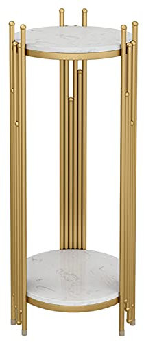 Goldener Marmor-Look, hoch, schlank, Pflanzenständer, 2 Etagen, Aufbewahrung, Telefontisch für Wohnzimmer und Terrasse, runder Beistelltisch, Beistelltisch, Eck-Nachttisch (Größe: 33 x 33 x 70 cm)