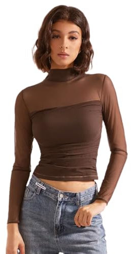 Mujer Camiseta Transparente Sexy Manga Larga Mesh Top Slim See Through Camiseta Redondo Alto Elástico Blouses Clubwear Casual Mujer Top Negro/Marrón