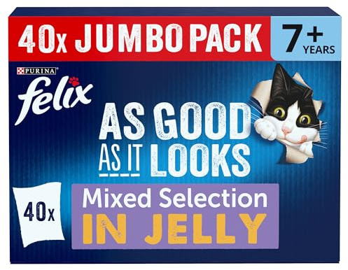 FELIX As Good As it Looks Senior 7+ Wet Cat Food Mixed Selection in Jelly Beef, Salmon, Chicken, Tuna 40 x 85g Pouches