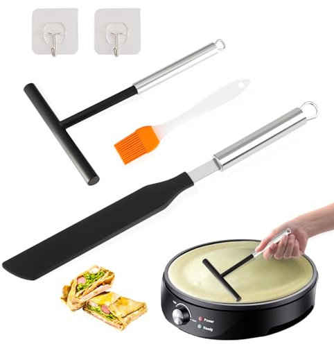 Crepe Spreader and Spatula Kit, Crepes Distributor with Spatula, Oil Brush, Adhesive Hook, 304 Stainless Steel T- Shaped Batter Spreaders for Home Kitchen Cooking Baking Tools, Pancake Tool