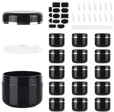 MirraSwit 15 Pièces 50ml Contenant Cosmetique Vide, Pot Vide Cosmétiques, Pots de Crème de Cosmétiques en Réutilisable Plastique, avec Spatule et Étiquette, Stylo pour Crème Lotion