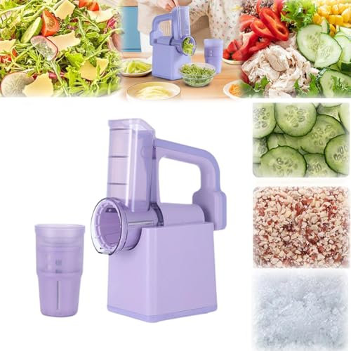 Electric Vegetable Slicer,3 IN 1Handheld Cordless Salad Shooter One Touch Easy Control Rotary Grater Vegetable Shredder with Ice Shaving Blade,for Zucchini,Cucumber,Carrot,Smoothie(PurpleWithStand)