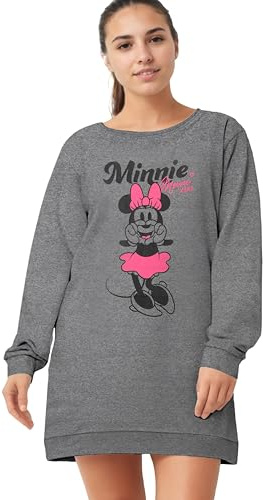 Disney Minnie Mouse Nachthemd für Damen - Schlafshirt Pyjama Langarm Oberteil Grau