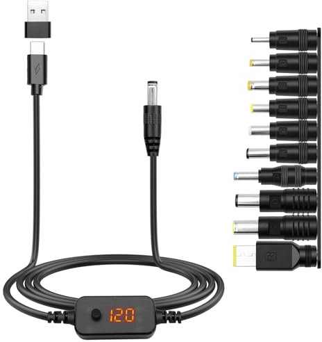 Hoembpn PD a DC Cable Adaptador 5V, 9V, 12V, 15V, 20V Voltaje Ajustable Cargador de Cable de Alimentación Type c Macho a DC5521 Enchufe de Carga Universal con 10 Conversion Heads(1.2m)