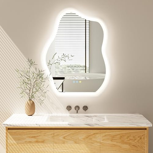 LUVODI Miroir Salle de Bain avec Éclairage: 80x60cm Miroir LED Irrégulier Miroir Lumineux Anti Buée, 3 Couleurs, D’immuable, Tactile, Miroir Éclairant avec Prise