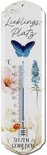 LANOLU LIEBLINGSPLATZ Thermometer Schild Garten außen - Deko Garten Vintage Schilder - Chill Lounge Gartendeko - Wanddeko Garten Schild aus Metall, Retro Blechschild 8x28cm
