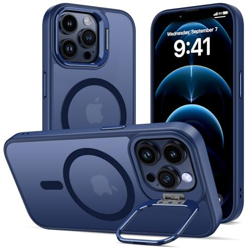 Cover Magnetica per iPhone 12 Pro Max con Cavalletto, Compatibile con Magsafe, Supporto per la Fotocamera Integrato Custodia, Militare Antiurto Sottile Protettiva Traslucida Glassata Case, Blu