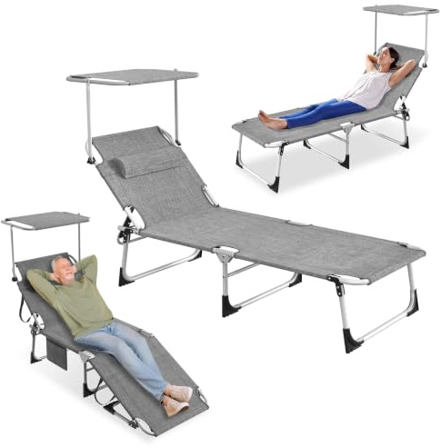UISEBRT Sonnenliege Gartenliege Klappbar mit Verstellbarem Dach 600D Oxford-Gewebe Liegestuhl 194x68x30 cm Strandliege mit Kopfstütze und Seitentasche für Terrasse Camping Strand (Leinen Grau)