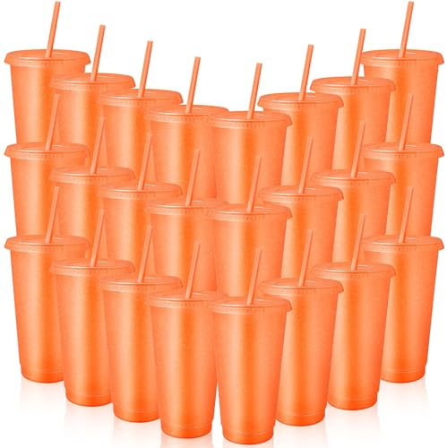SWHCM 24 Stück Plastikbecher mit Deckeln und Strohhalmen, 710 ml Glitzer Iced Kaffee Becher, Wiederverwendbar Kunststoffbecher für Smoothies, Säfte, Geburtstagsfeiern - Partyzubehör (Orange)