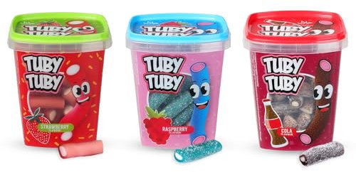 Tuby Tuby Candy 3er Set – Fruchtgummi mit Füllung, je 220 g Box – Himbeere, Erdbeere & Cola Geschmack – schmeckt wie Pico Balla – süßer Snack für Kinder, Schulanfang, Partys & Candy Bars