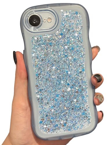 ZTOFERA Wavy Case for iPhone SE/8/7 (4.7), Cute Girly Clear Curly Wave Frame Bling Glitters Shiny Sequins Aesthetic Phone Case Soft TPU Lightweight Shockproof Bumper Protective Cover - Blue