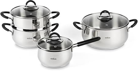 Excelsa Smart Cuisine Set Pentole in Acciaio Inox, 7 Pezzi, Casseruole con Manici in Silicone e Coperchi in Vetro