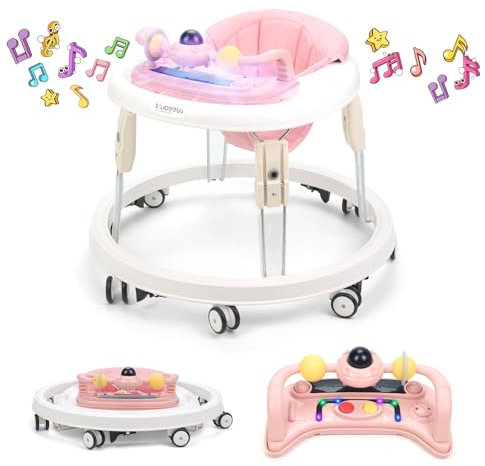 Lauflernhilfe mit Musik und Lichtern, Faltbare Lauflernwagen mit Aktivitätscenter, 7-Gang Höhenverstellung, Anti-Collision Design, Abnehmbarer Platte, Baby Walker von 6-18 Monaten (Rosa)