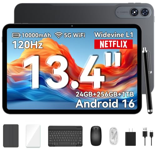 VekfulPC 13.4 inch Android 16 Tablets with Keyboard and Pen, 13 inch Large Screen Tablet with Gemini AI for Gaming, 24GB RAM+256GB ROM, 120Hz,10000mAh，Octa-Core,with Case and Pen