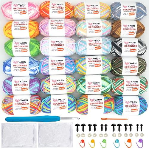 Regenbogen-Häkelgarn für Anfänger, Baumwolle, Häkelgarn für Häkeln, Stricken, Anfänger (24 x 50 g), verschiedene Mischungen, 24 Stück
