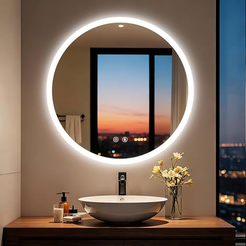 LUVODI Badspiegel mit Beleuchtung Rund 80cm, Runder beleuchteter Spiegel Hintergrundbeleuchtung, 2 Touch Schalter, 3 Lichtfarben Dimmbar, Beschlagfrei, Speicherfunktion, HD Wandspiegel, IP66