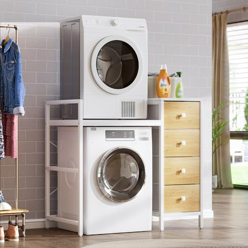 MSFE Mueble Lavadora Secadora Soportes para Lavadora con 4 Cajones, Universal Kit Estanteria Lavadora para BañO, Lavandería, Capacidad de Carga 350kg,112x64x108 cm - Blanco