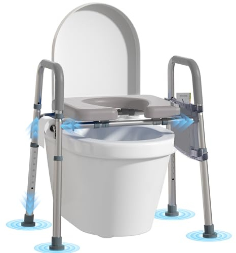 Toilet Seat Riser for Seniors, Raised Toilet Seat with Padded Seat & Handles, Aluminium Toilet Aids for Disabled, Pregnant, 500Lbs Adjustable Height & Width, Fits Any Toilet