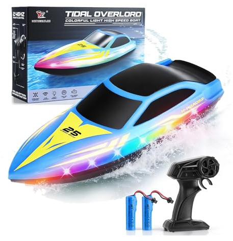 Eirolace Pack Ferngesteuertes Boot mit LED-Licht & 2 Batterien, 24 KM/H RC Boot, 2,4-GHz Rennboote für Pools und Seen Sommer Wasser-Spielzeug Geschenk für Kinder Jungen 8-12 Jahre für Pools und Seen