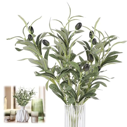 Zyghjort 5 Stück Olivenzweige Künstlich Wie Echt, Kunstblumen Grün Deko Künstliche Zweige Fake Pflanzen für Bodenvase Zuhause Büro Tischdeko Hochzeit Büro Party Dekor Indoor Outdoor Dekoration