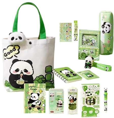 Panda Schreibwaren-Set - Pand a Pencil Case with Magnetic Bookmark Brooch, Eraser Notebooks, Pens Rulers Sticky Notes Collection, Kids Study College Supplies | Complete Panda Themed School Set for