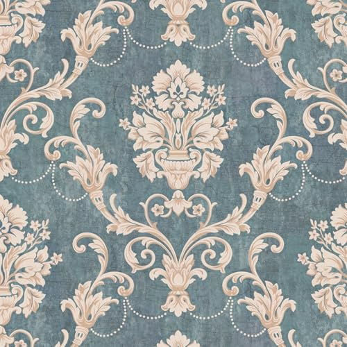 OUSCACH Vintage French Damask Peel and Stick Wallpaper Thickened Removable Self Adhesive Wall Paper Design for Walls Bathroom Bedroom Home Decor 17.3in x 118in Renter Friendly Wallpaper Grey and Blue