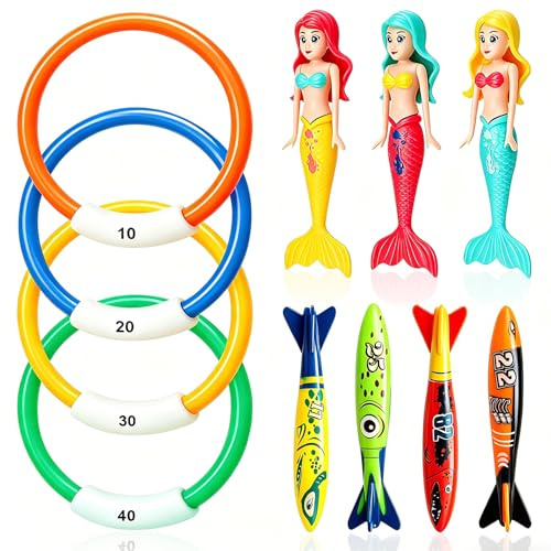 LANGNIDORIS 11 Stück Tauchspielzeug für Kinder Set, Tauchringe für Kinder ab 4 Jahren, mit Tauchringen, Meerjungfrauen, Toypedo für Sommer Unterwasserspiel Poolpartys