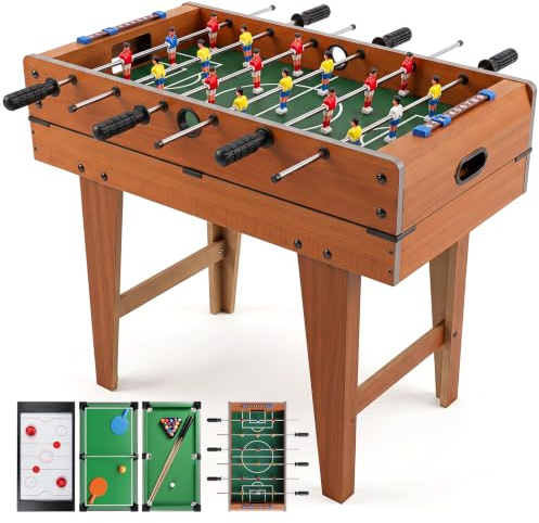 4 in 1 Spieltisch Multifunktionstisch mit Tischkicker, Billardtisch, Tischfussball, Airhockey Tisch und wechselbaren Spielplatten für Kinder und Erwachsene