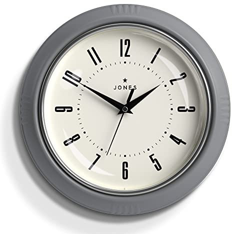 JONES CLOCKS® Ketchup wanduhr | Runde Retro Diner Uhr | 25cm | Grau | Ideal für küche, Wohnzimmer, büro oder Schlafzimmer | Leicht ablesbare Zahlen