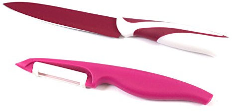 Marzoon Set di 2 coltelli universali con lama lunga 12,5 cm e pelapatate con lama in ceramica, rosa e bianco