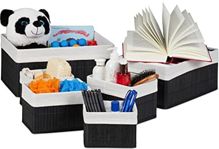 Relaxdays 10024309_46 Corbeille de rangement en tissu, Set de 6 paniers en bambou, déco étagère organiseur, noir, coton, fond MDF, 25 x 35 x 17