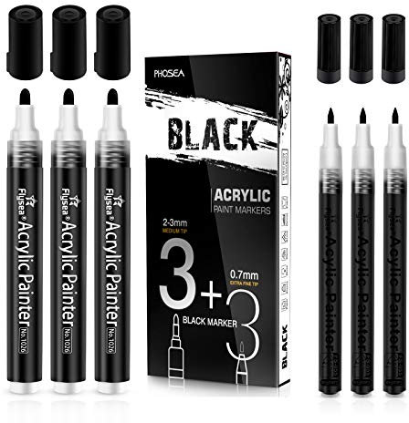 Black Acrylic Paint pens (6 Pack) Variety Pack - Extra Fine 0.7MM & Medium Tip 2-3MM - Water Based Paint Markers for Rock Painting, Stone, Ceramic, Glass, Wood, Canvas (BLACK)