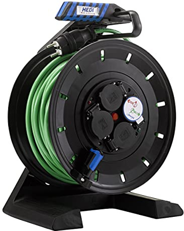 HEDI Kabeltrommel 40 m Generation 7 (Farbe grün, Kunststoff, Leitung H07BQ-F 3G1,5, 4-Fach Steckdose, mit Stecker-Dichtlippe, Überlastschutz) K740QTF530, Mehrfarbig
