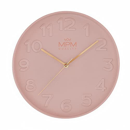 MPM Quality Design Wanduhr, Rosa, Modern Kunststoff Uhr, Glas, Quarz-Uhrwerk Sweep, 305x305x42 mm, für Wohnzimmer, Schlafzimmer, Küche, Büro und in jeden Raum