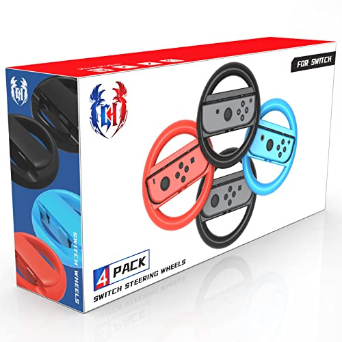 GH - Paquete de 4 volantes con interruptor compatibles con Mario Kart 8 Deluxe, accesorios de volante de carreras compatibles con Nintendo Switch/Switch OLED Joy Con Controller (negro, rojo y azul)