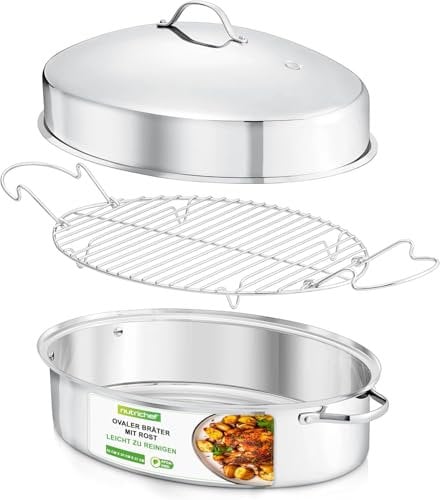 NutriChef Bräter mit Deckel, Bräter- 52x27cm, 10L- Bräter Induktion- Backofengeeignet, Bratentopf- aus Edelstahl & Antihaftbeschichtet, Ovaler Ofenbratform- Spülmaschinengeeignet