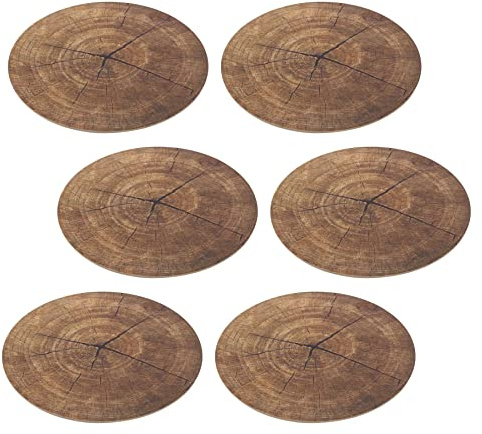 Set Of 6 Tree Trunk Print Round Placemat | 38cm Tree Slice Style Place Mat Kitchen Dining Mat | Brown Single Corked Backed Place Mat Dining Table Protection Mat