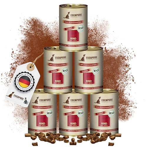 Escapure Bio Rinder Gulasch Dose 6 x 400g - Bio Nassfutter für Hunde - 90% pures Rindfleisch Nassfutter - Premium Dosenfutter Beef ohne Zusatzstoffe - Hunde Ergänzungsfuttermittel frei von Getreide