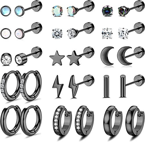 MILACOLATO Pendientes Cartilago Para Mujer Hombre en Plata Oro Negro, 20G Acero Quirurgico Hipoalergenicos CZ Huggie Aros Pequeños, Tragus Oreja Piercing 15 Pares