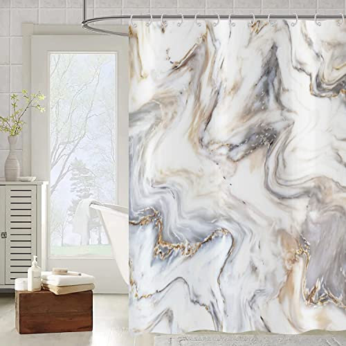 ASDCXZ Tenda da doccia in marmo 120 x 180 cm moderna astratta grigio oro bianco marrone effetto marmo tessuto lavabile tenda da doccia in poliestere impermeabile per vasca da bagno con 12 ganci