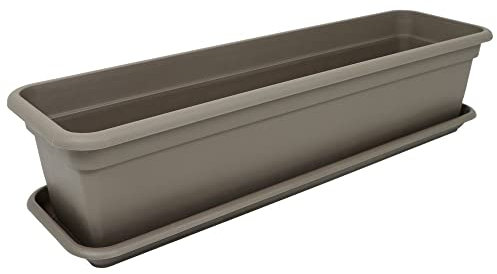 MePla - Balkonkasten Balcony 80 cm + Untersetzer - Taupe - Blumenkübel - Pflanzentopf - Pflanzenkasten aus wetterfest UV-beständigem Kunststoff