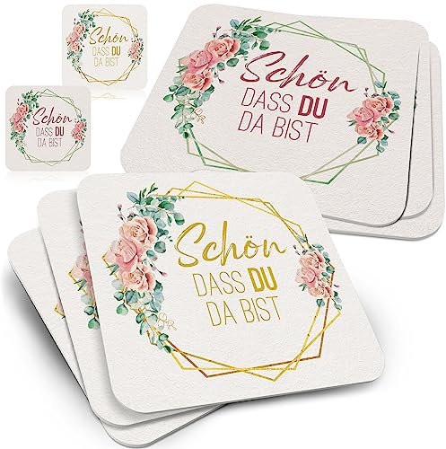 Funke & Brand 50x Untersetzer Bierdeckel Schön, DASS du da bist im floralen Design - Ausgefallene Tisch-Deko für die Hochzeit, Gartenparty oder Geburtstag
