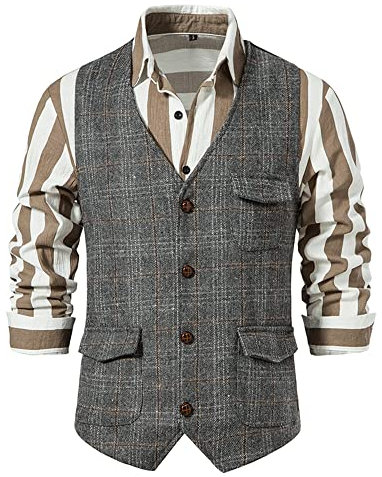 MakingDa Herren Karierte Weste, formell, ärmellos, V-Ausschnitt, kariert, Tweed, Business-Weste, Freizeitkleid, Anzugweste mit Tasche, grau, M