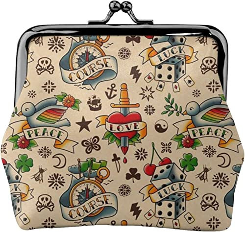 Old Tattoos Good Wishes Porte-Monnaie en Cuir pour Femme, Petite Pochette à la Monnaie avec Fermoir à Fermeture Kiss-Lock Fermeture à Boucle Portefeuille pour Cadeau Fille