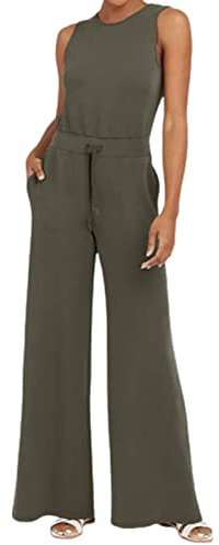LOEBKE The Air Essentials Jumpsuit, ärmelloser Damen Jumpsuit mit weitem Halsausschnitt und weitem Bein, lässig und locker mit Taschen (Palm,XXL)