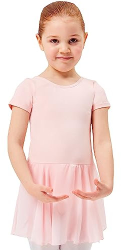 tanzmuster ® Ballettkleid Mädchen Kurzarm - Lucy - Baumwolle - Chiffon Röckchen - ballett-rosa, Größe:164/170