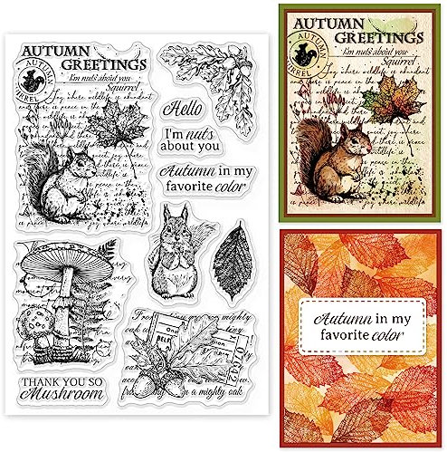 GLOBLELAND Klarer Stempel Mit Eichhörnchen-Tier Pilz-Hintergrund Ahornblatt Silikon Klare Stempel Herbstsiegel Für DIY Scrapbooking Tagebücher Dekorative Karten Herstellung von Fotoalben Dekorativ